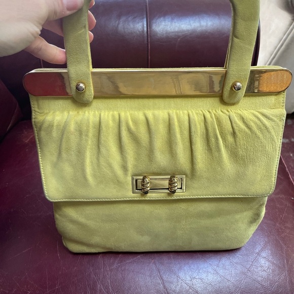 Vintage 50’s Bob Shoe Yellow Suede Double Turn lock Handbag Mirror Coin Purse - Picture 1 of 16